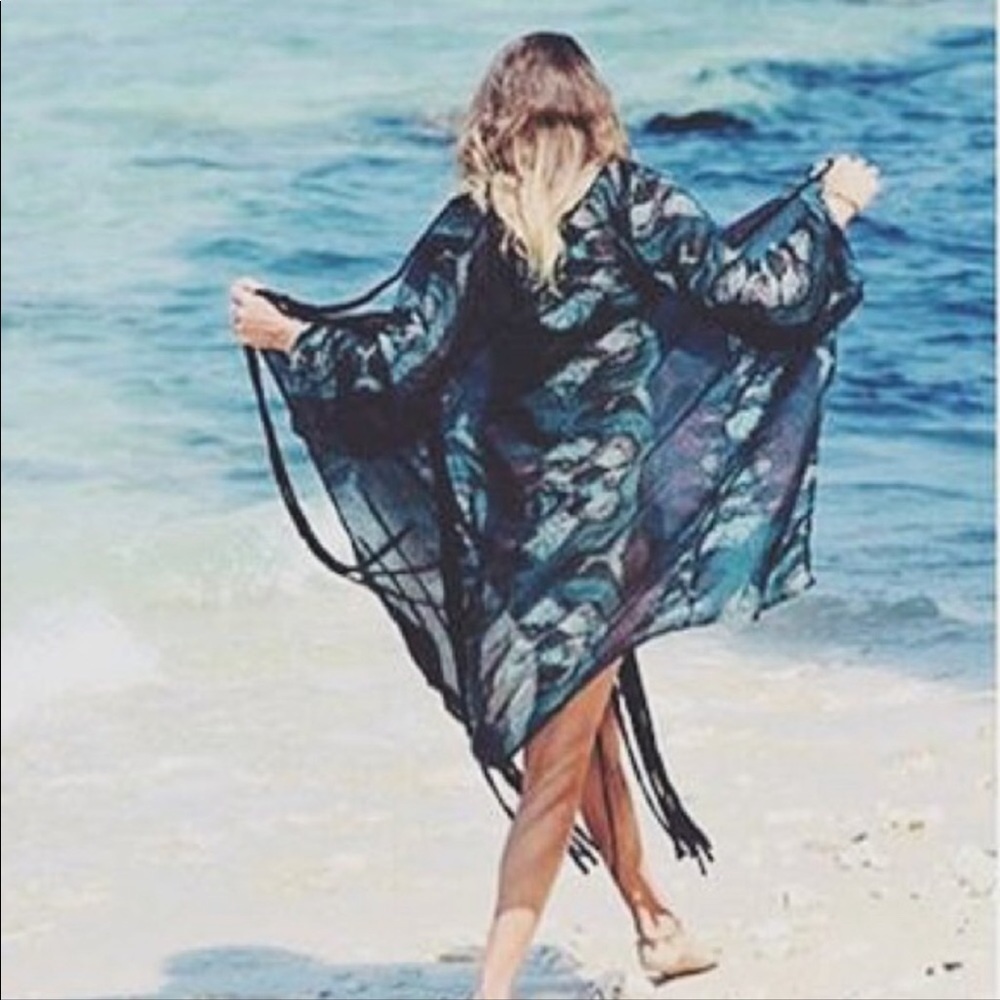 Jewel toned Beach Cover up with long fringe Colorful black sheer print